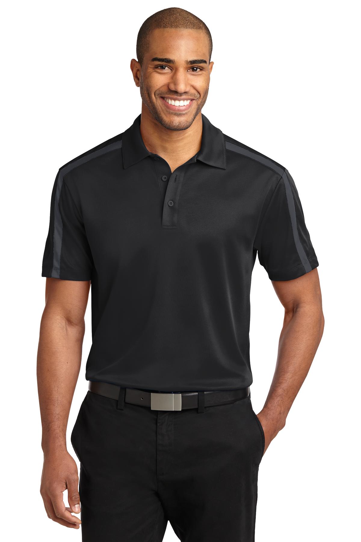 Port Authority Silk Touch Performance Colorblock Stripe Polo. K547 - Black/ Steel Grey
