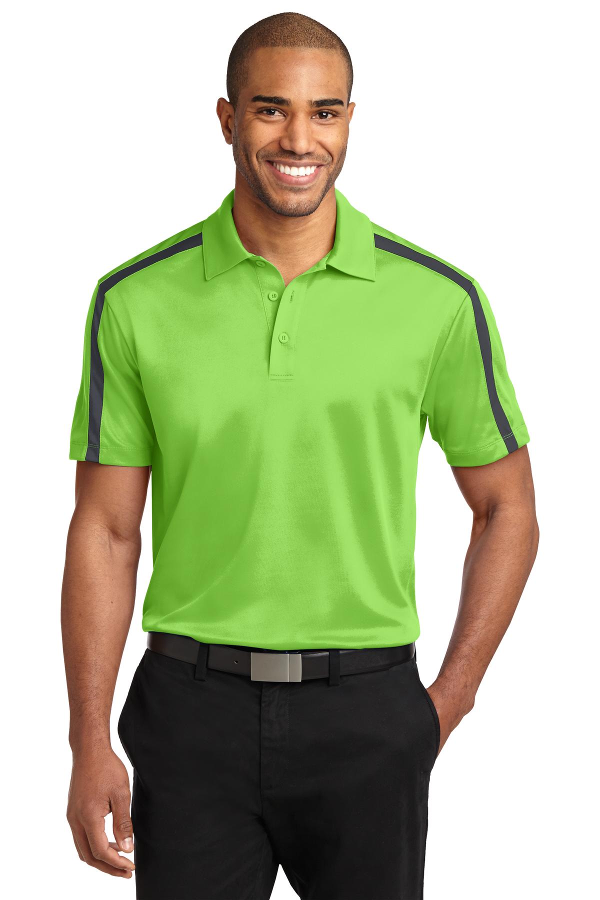 Port Authority Silk Touch Performance Colorblock Stripe Polo. K547 - Lime/ Steel Grey