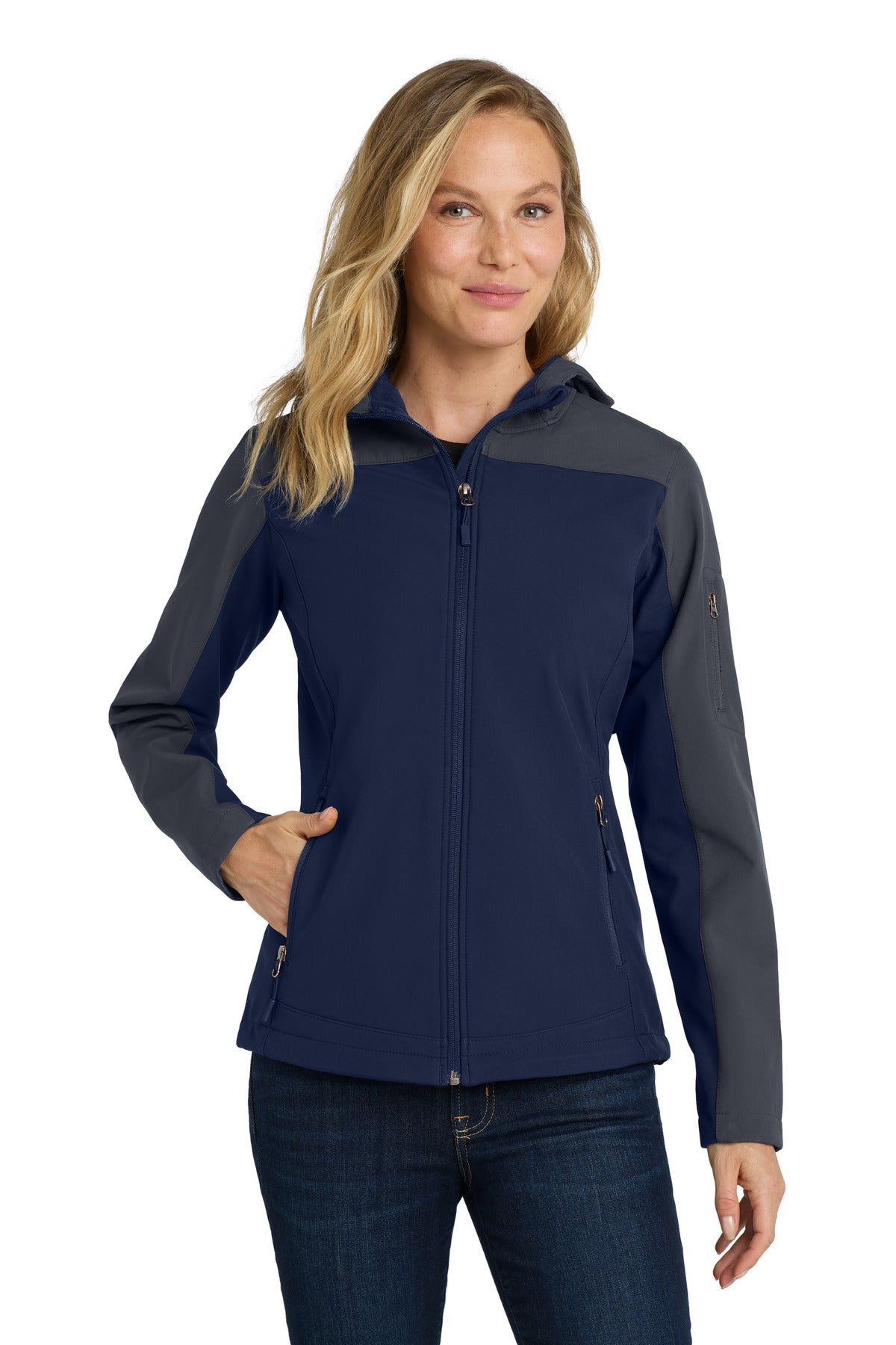 Port Authority Women's Hooded Core Soft Shell Jacket. L335 - Dress Blue Navy/ Battleship Grey