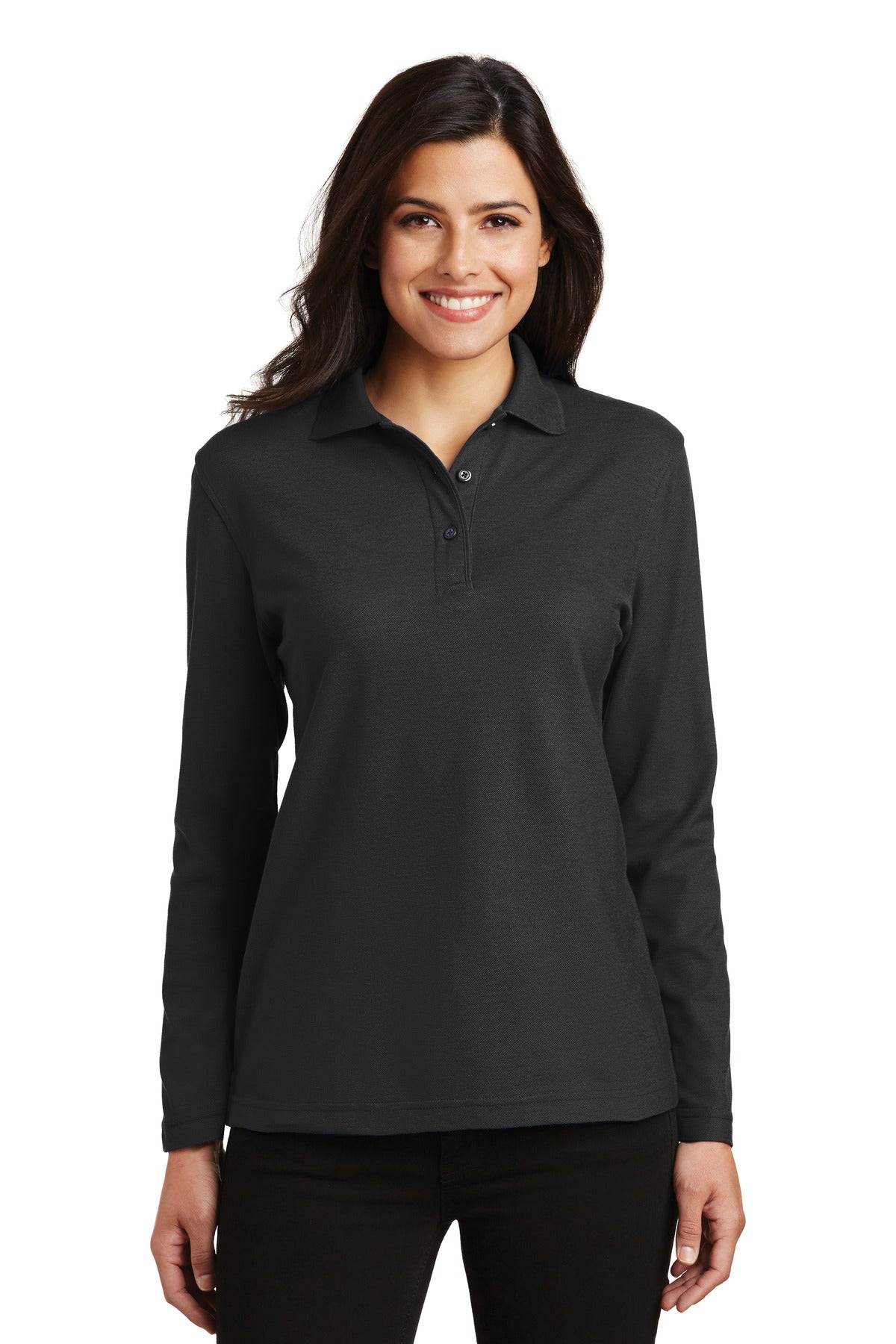 Port Authority Women's Silk Touch Long Sleeve Polo.  L500LS - Black