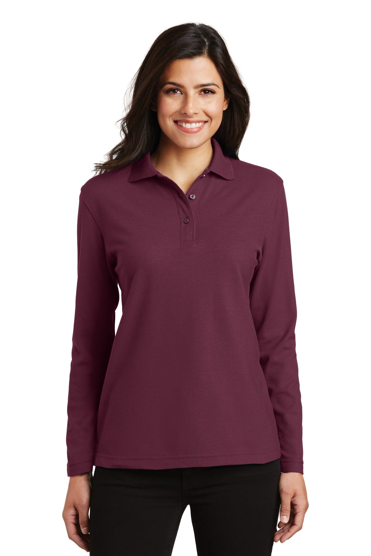 Port Authority Women's Silk Touch Long Sleeve Polo.  L500LS - Burgundy
