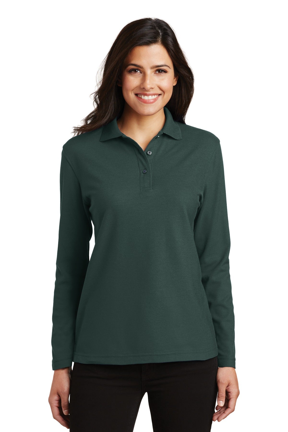 Port Authority Women's Silk Touch Long Sleeve Polo.  L500LS - Dark Green