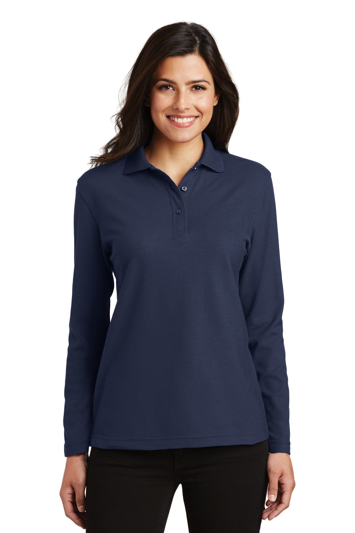 Port Authority Women's Silk Touch Long Sleeve Polo.  L500LS - Navy