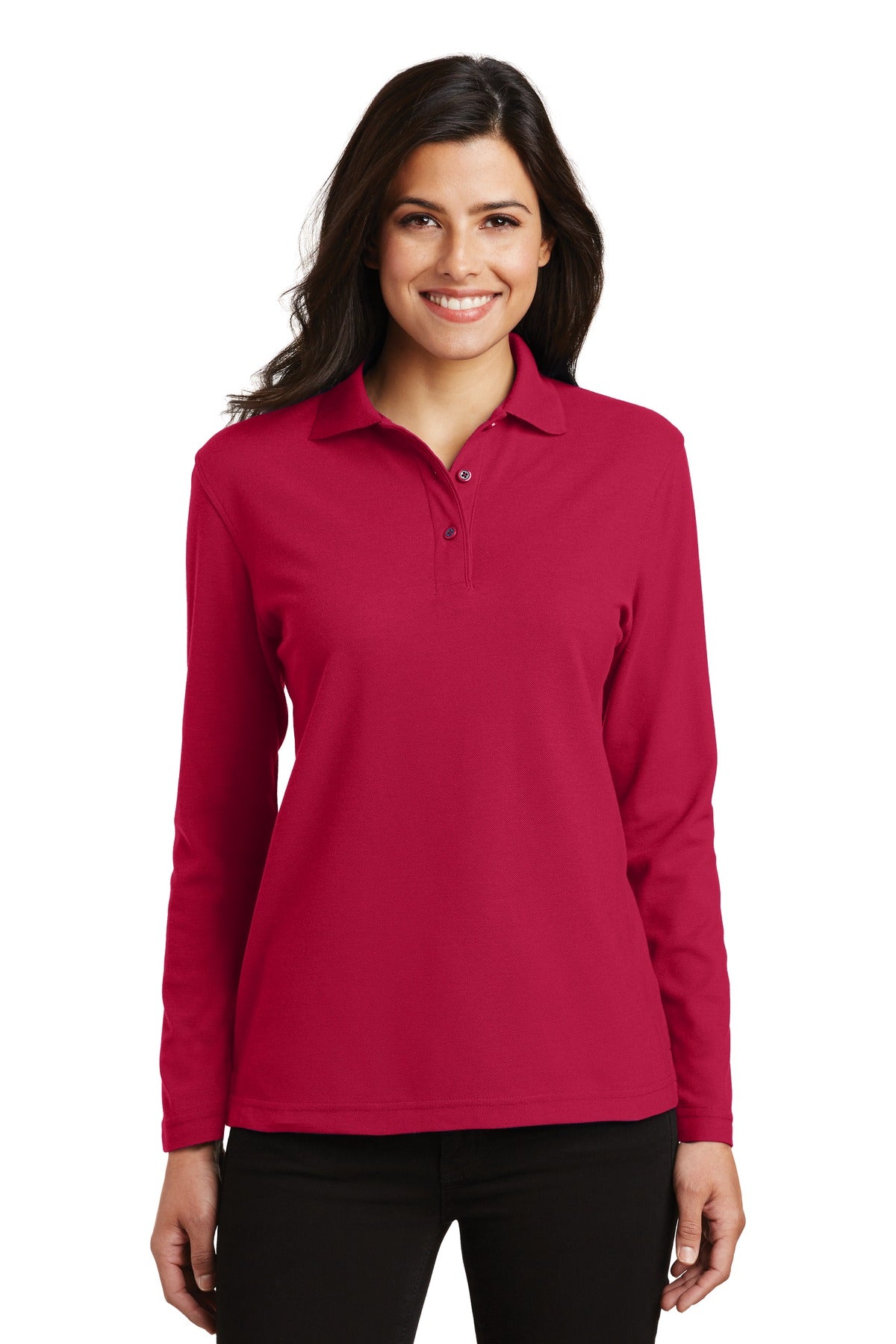 Port Authority Women's Silk Touch Long Sleeve Polo.  L500LS - Red