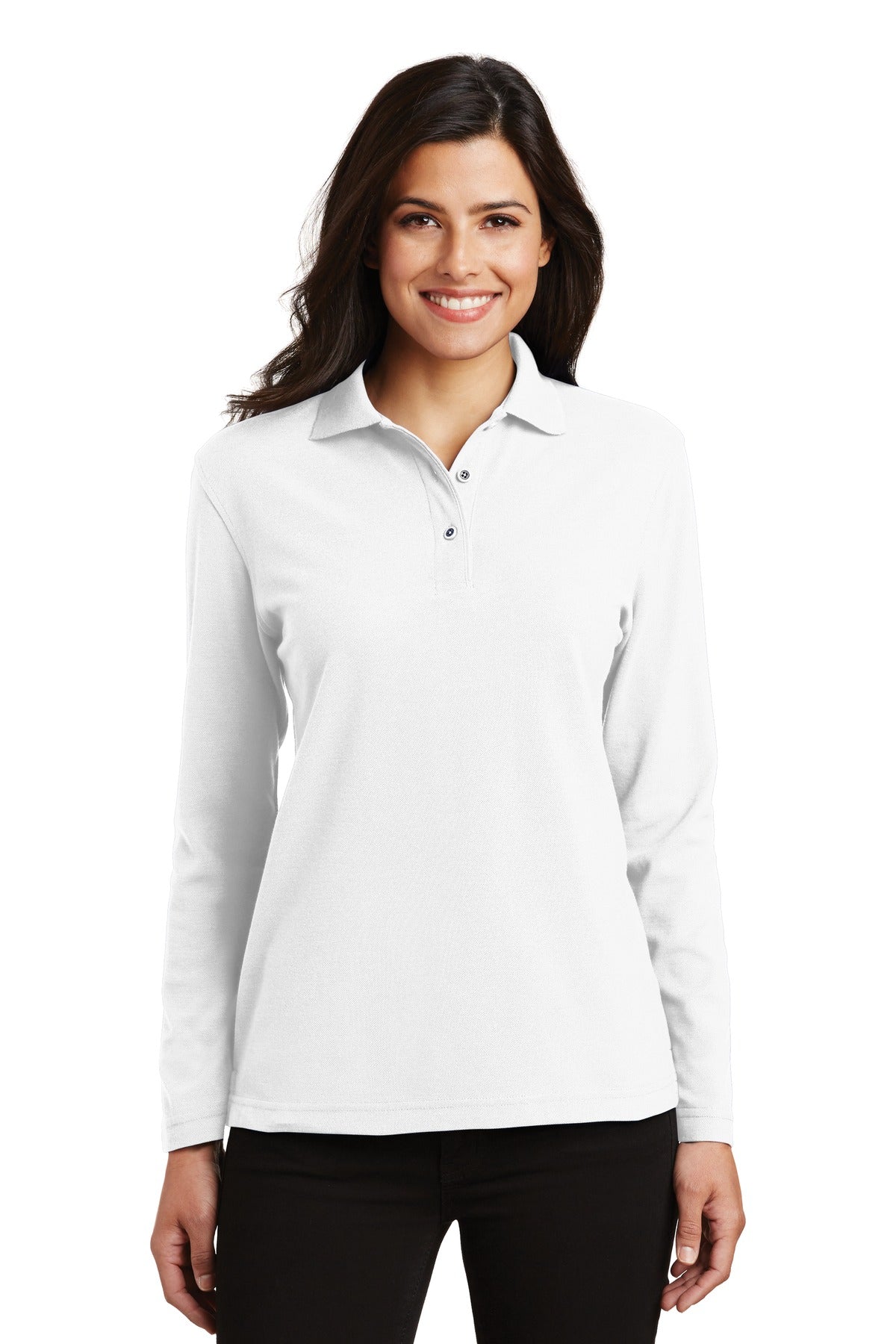 Port Authority Women's Silk Touch Long Sleeve Polo.  L500LS - White