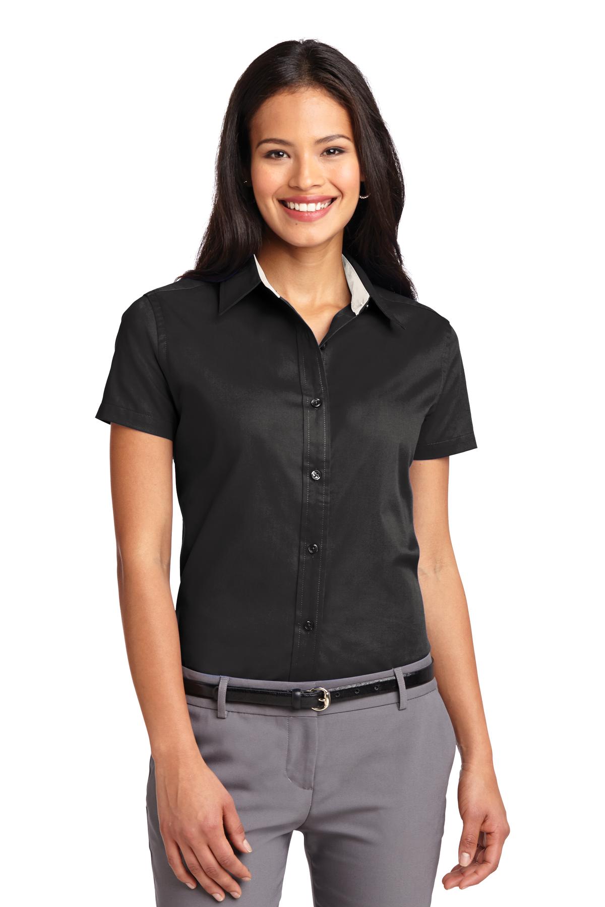Port Authority Women's Short Sleeve Easy Care  Shirt.  L508 - Black/ Light Stone