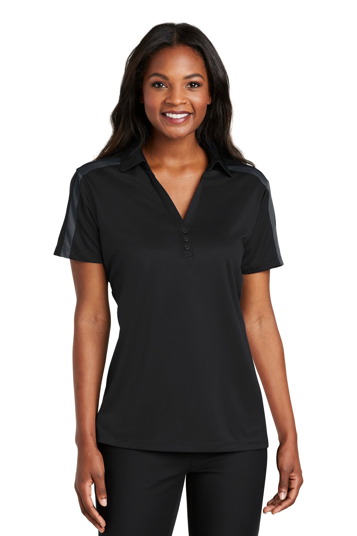 Port Authority Women's Silk Touch Performance Colorblock Stripe Polo. L547 - Black/ Steel Grey
