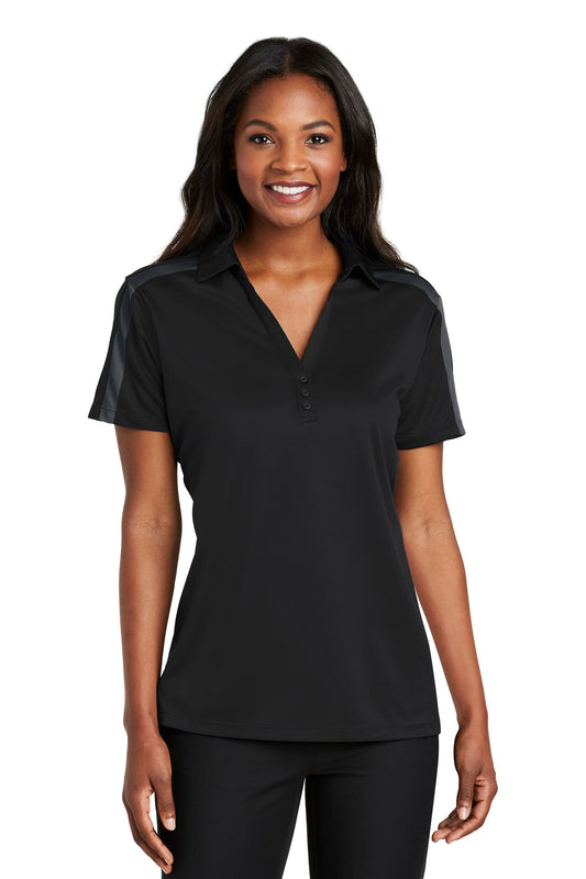 Port Authority Women's Silk Touch Performance Colorblock Stripe Polo. L547 - Black/ Steel Grey