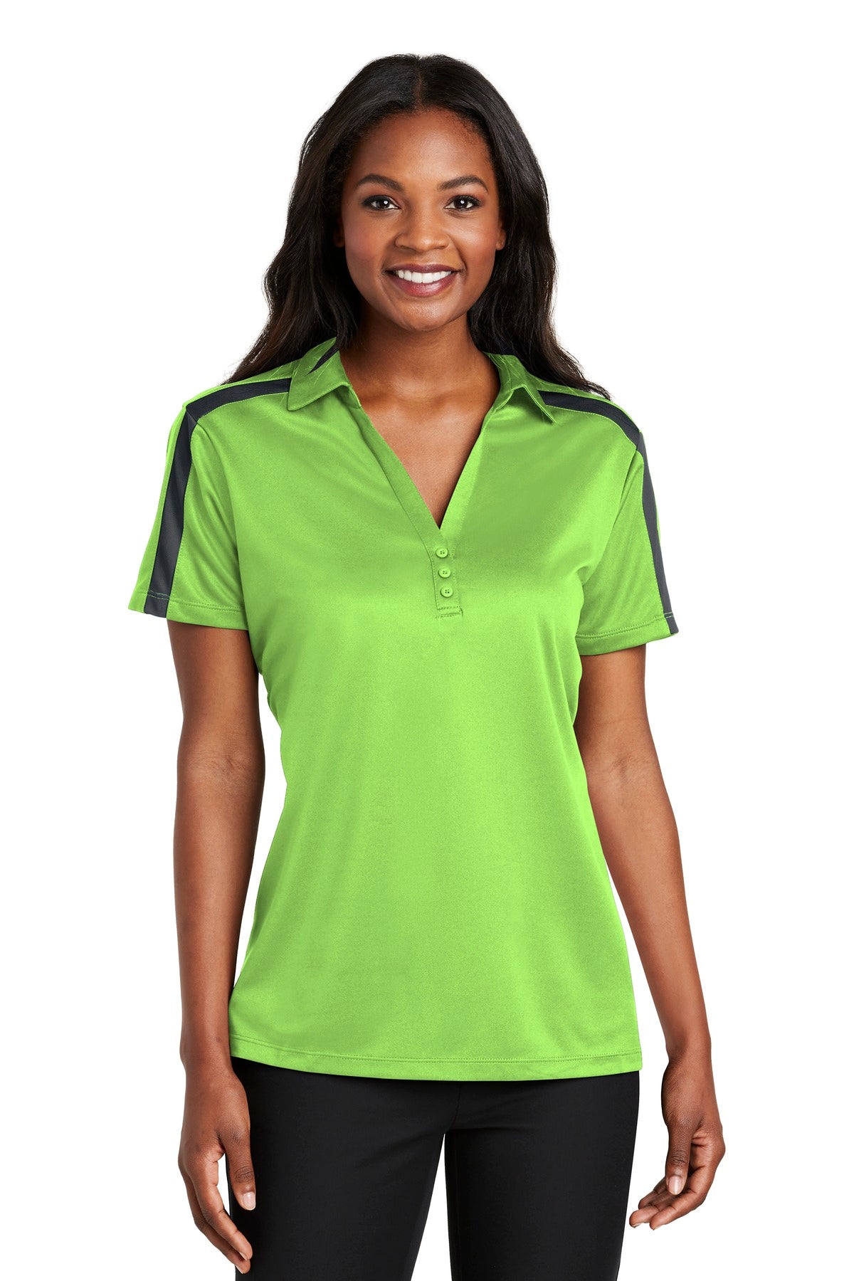 Port Authority Women's Silk Touch Performance Colorblock Stripe Polo. L547 - Lime/ Steel Grey