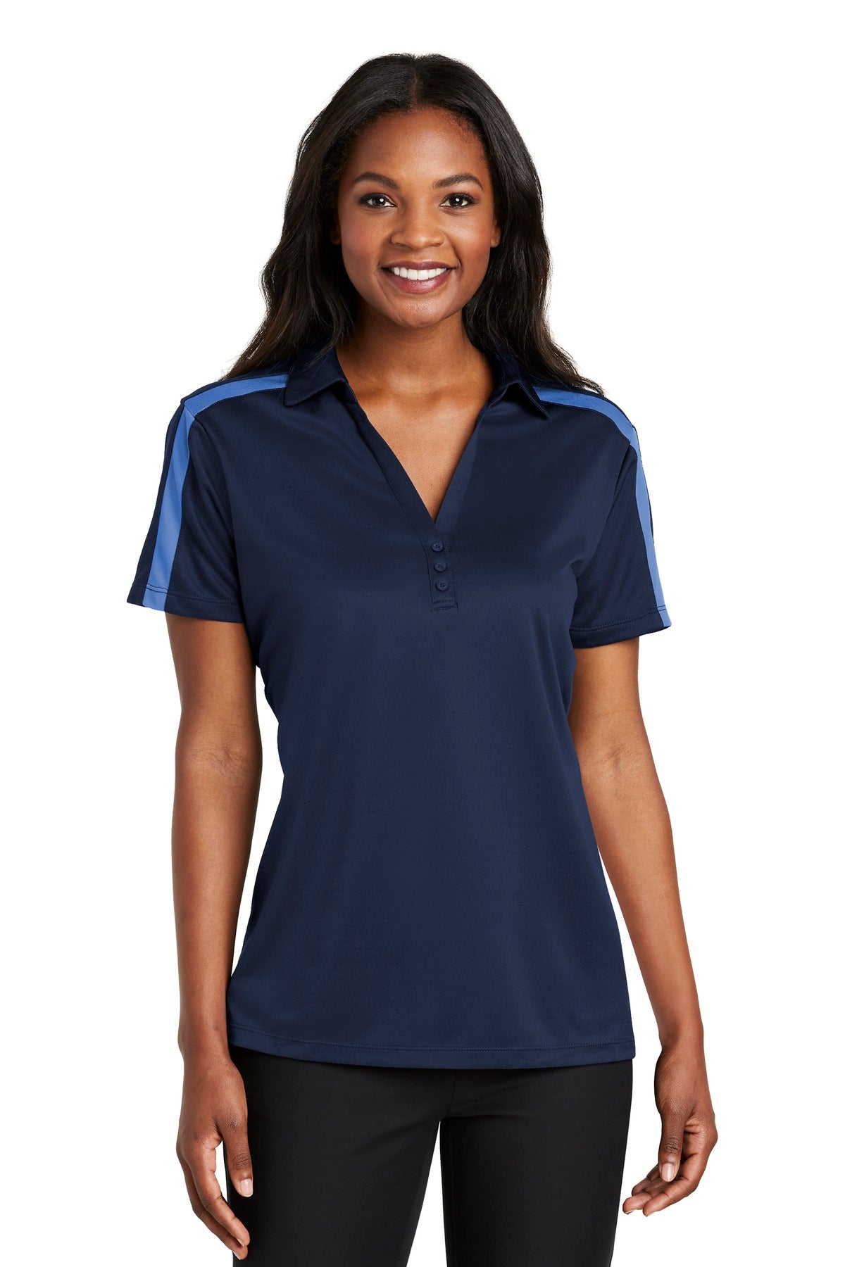Port Authority Women's Silk Touch Performance Colorblock Stripe Polo. L547 - Navy/ Carolina Blue