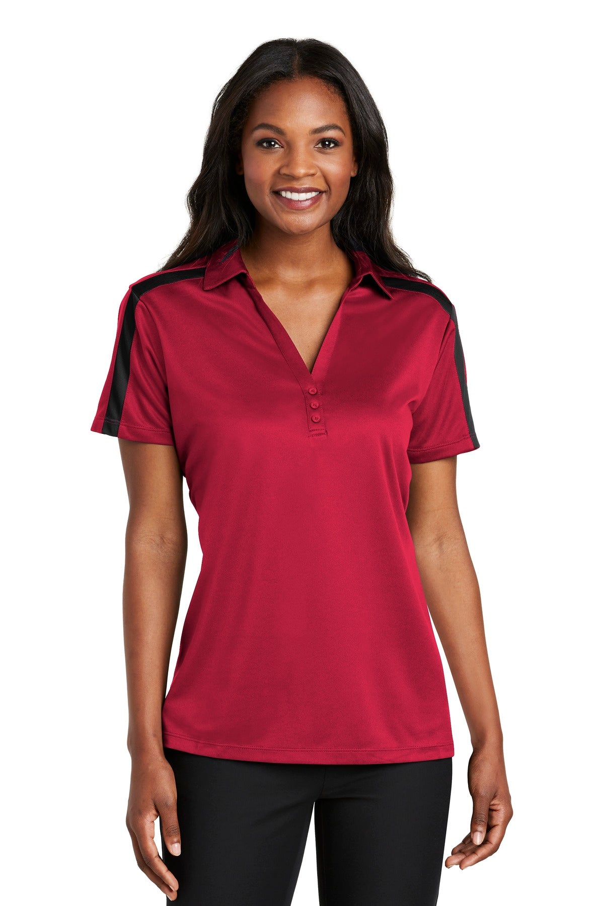 Port Authority Women's Silk Touch Performance Colorblock Stripe Polo. L547 - Red/ Black