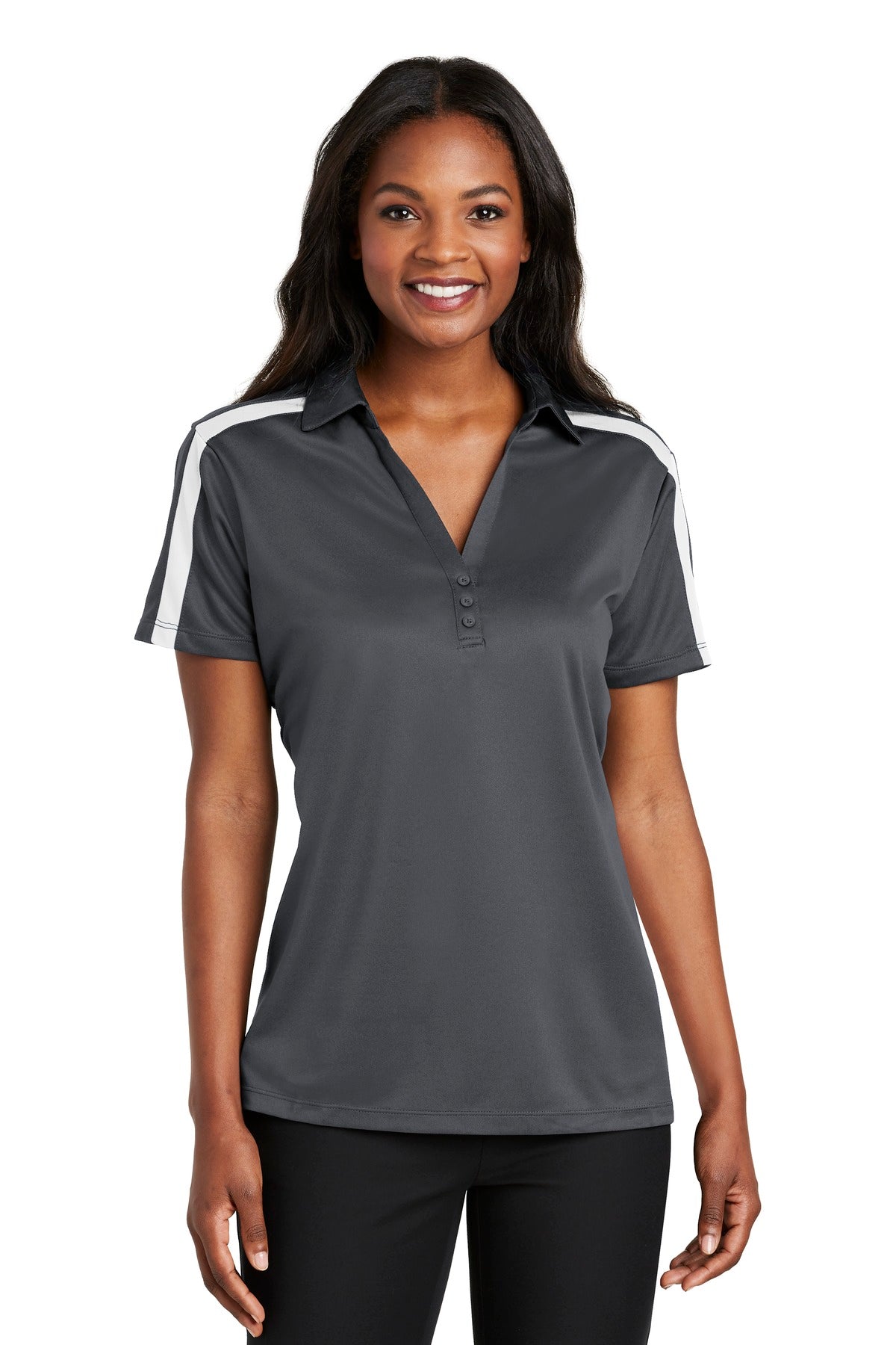 Port Authority Women's Silk Touch Performance Colorblock Stripe Polo. L547 - Steel Grey/ White