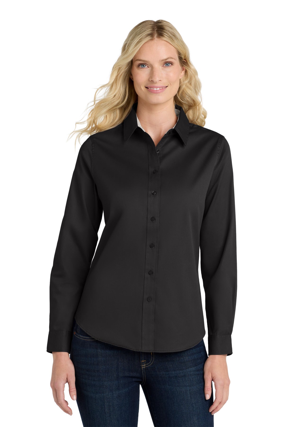 Port Authority Women's Long Sleeve Easy Care Shirt.  L608 - Black/ Light Stone