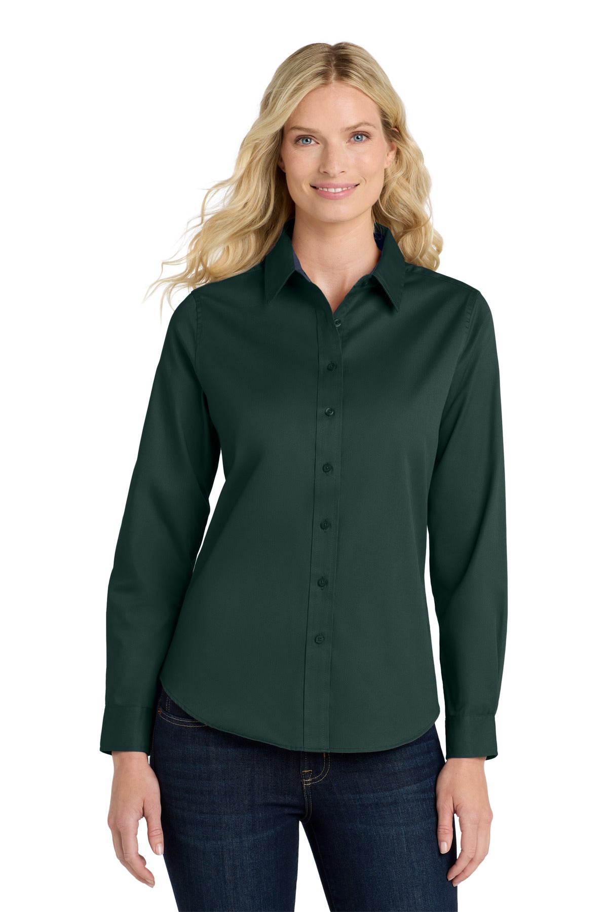 Port Authority Women's Long Sleeve Easy Care Shirt.  L608 - Dark Green/ Navy