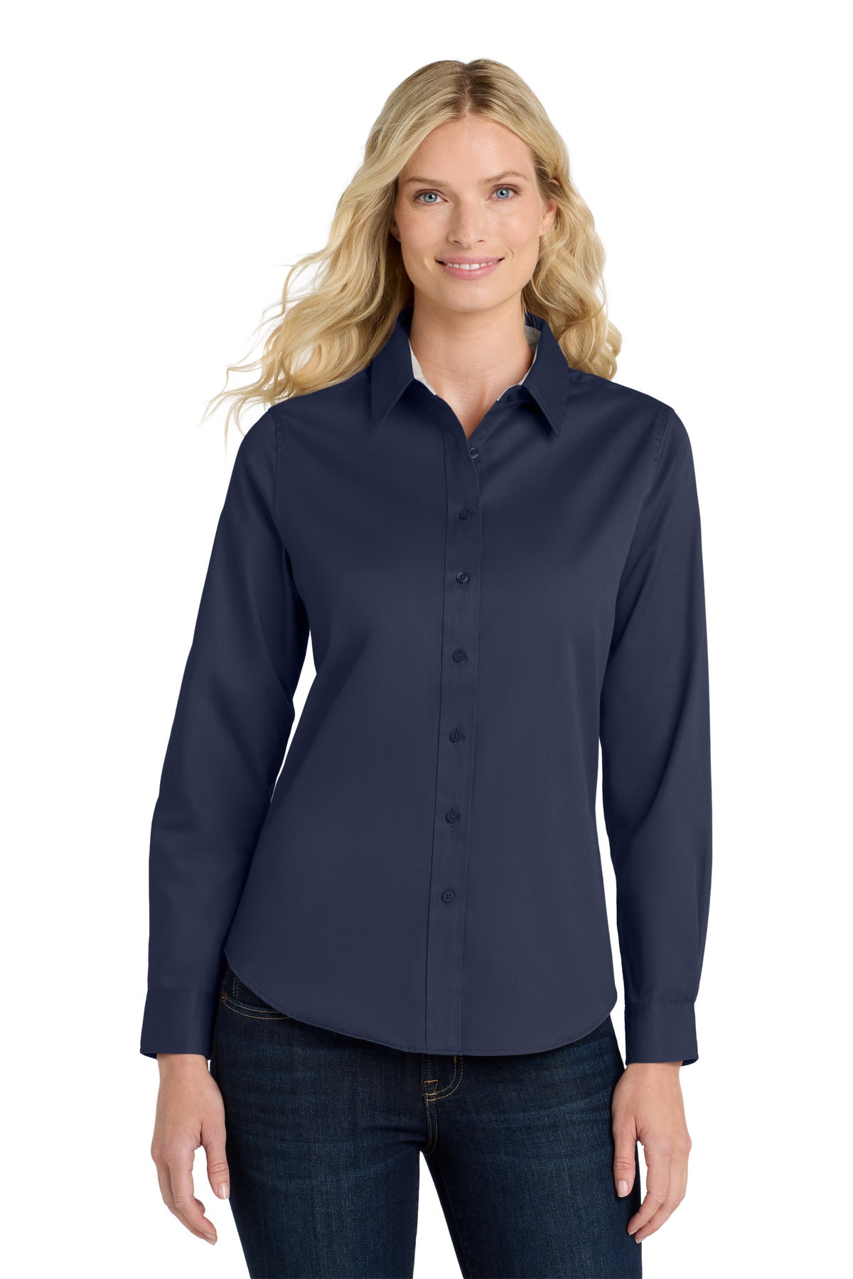 Port Authority Women's Long Sleeve Easy Care Shirt.  L608 - Navy/ Light Stone