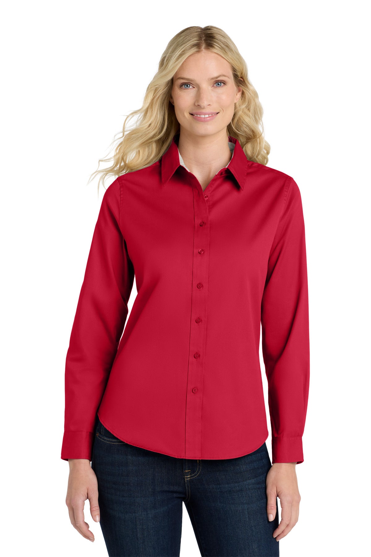 Port Authority Women's Long Sleeve Easy Care Shirt.  L608 - Red/ Light Stone
