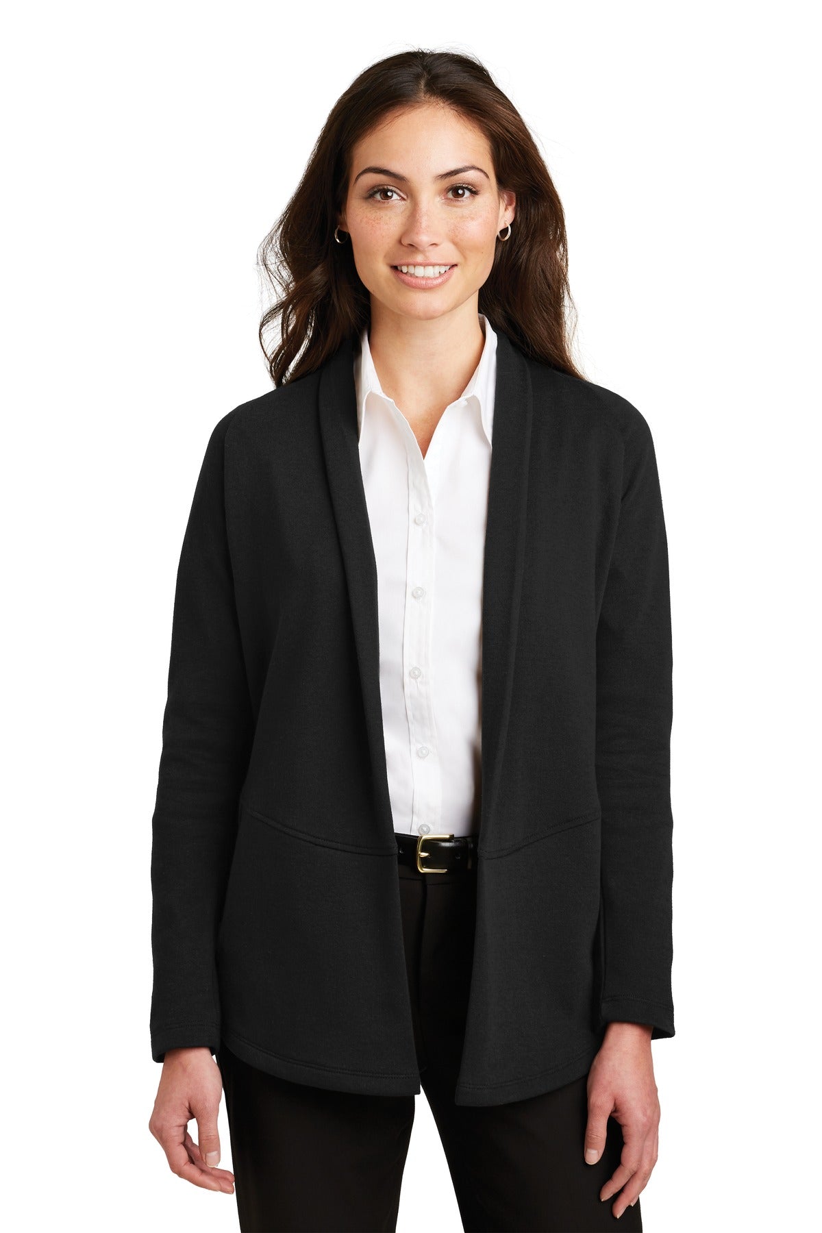Port Authority Women's Interlock Cardigan. L807 - Deep Black/ Charcoal Heather