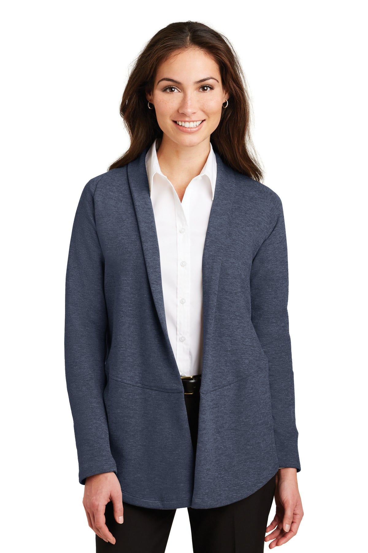 Port Authority Women's Interlock Cardigan. L807 - Estate Blue Heather/ Charcoal Heather