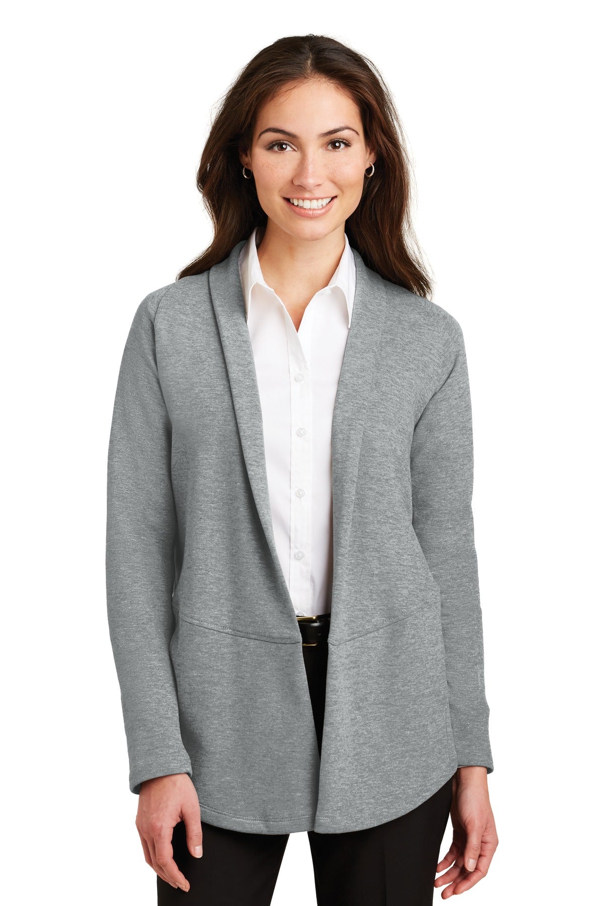 Port Authority Women's Interlock Cardigan. L807 - Medium Heather Grey/ Charcoal Heather