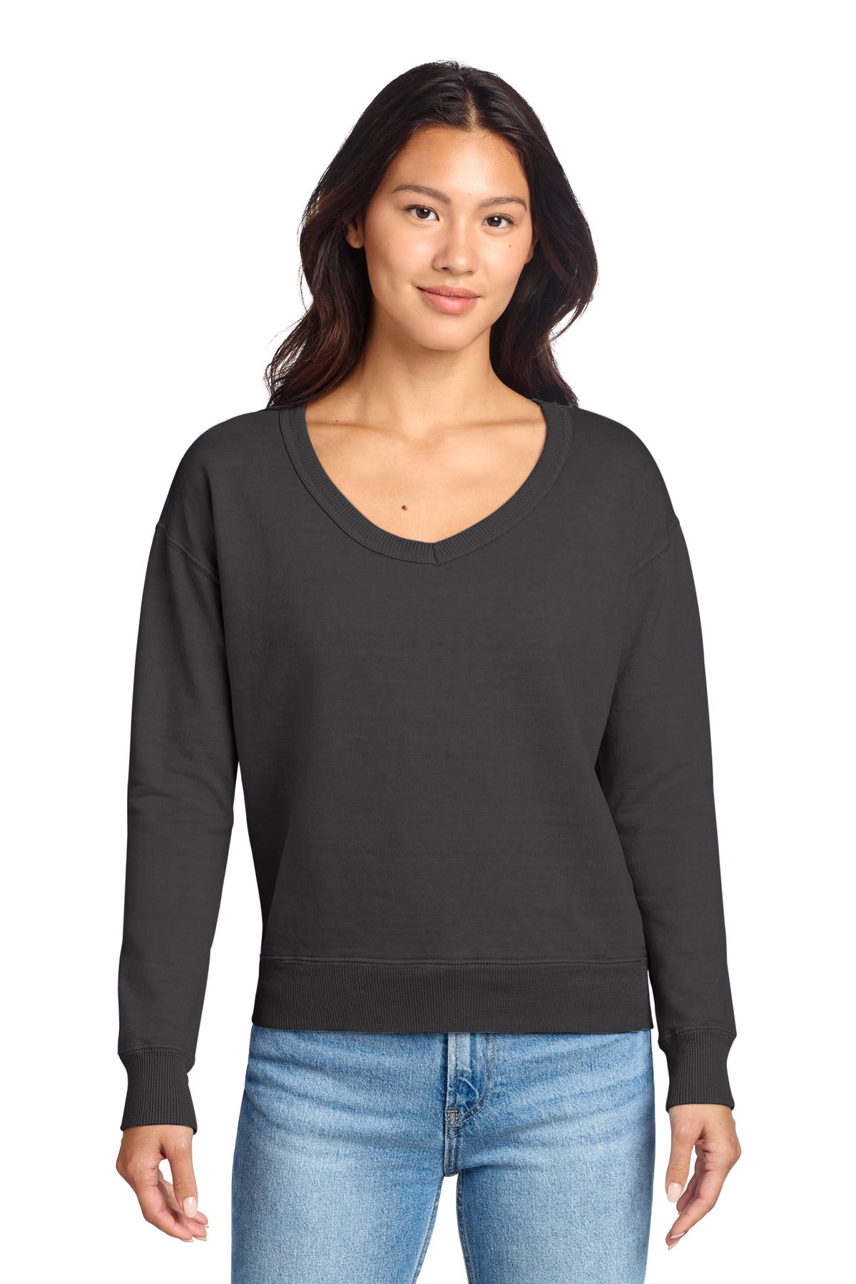 Port & Co Women's Beach Wash Garment-Dyed V-Neck Sweatshirt LPC098V - Coal