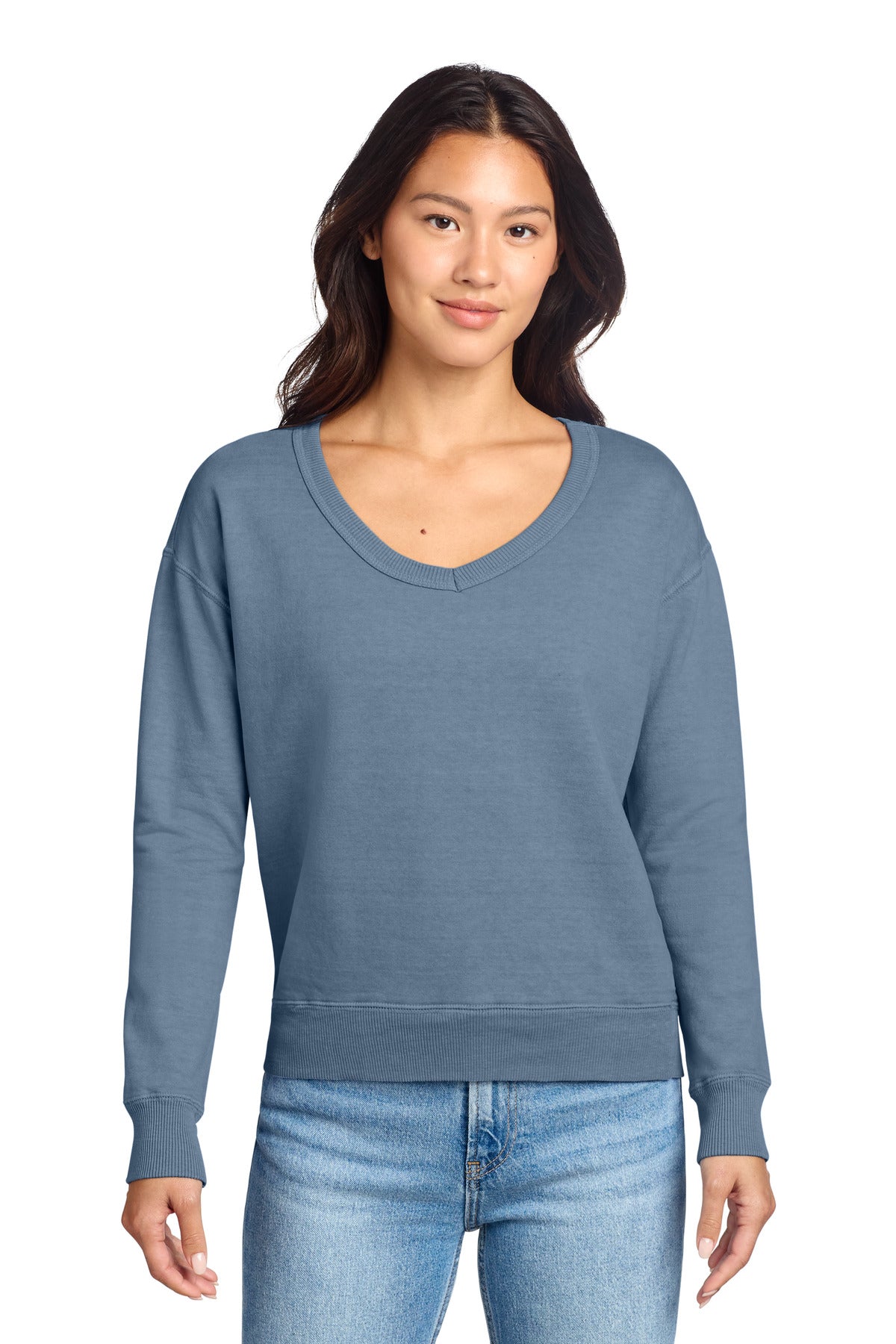 Port & Co Women's Beach Wash Garment-Dyed V-Neck Sweatshirt LPC098V - Faded Denim