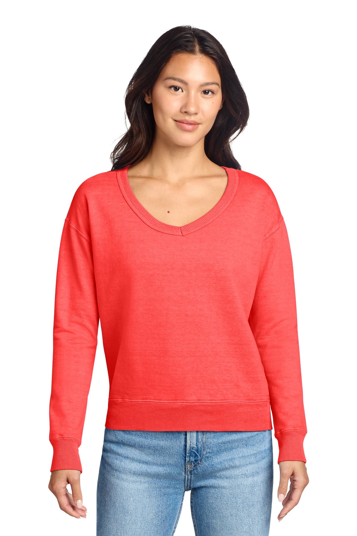 Port & Co Women's Beach Wash Garment-Dyed V-Neck Sweatshirt LPC098V - Poppy