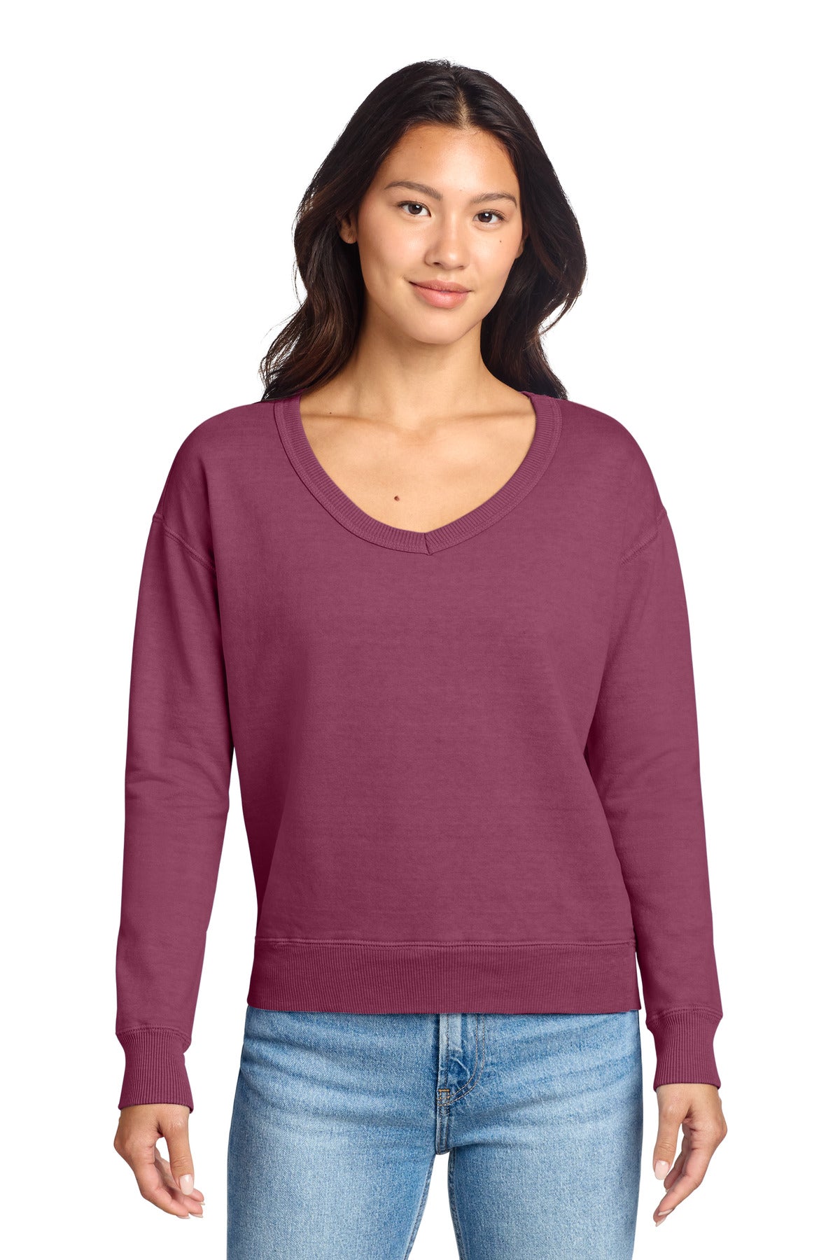 Port & Co Women's Beach Wash Garment-Dyed V-Neck Sweatshirt LPC098V - Vintage Raspberry