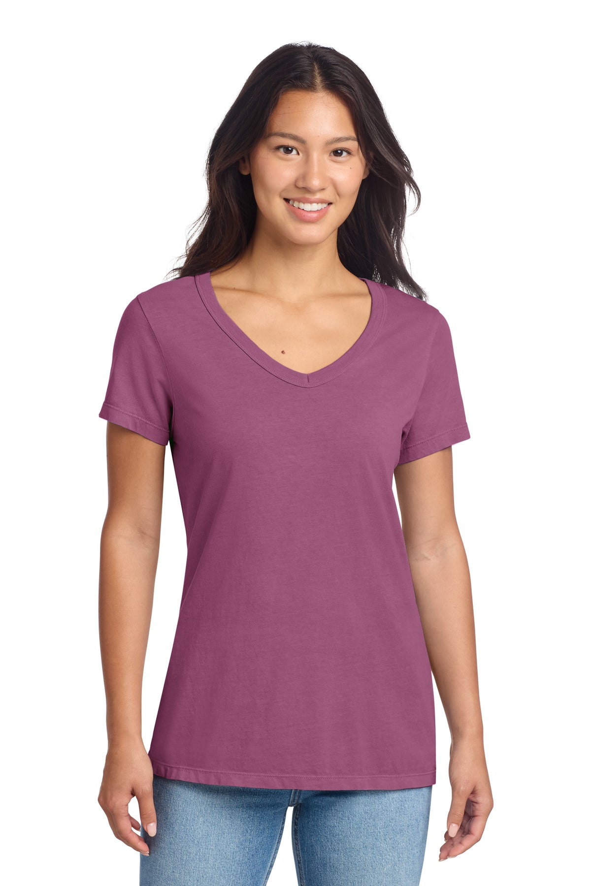 Port & Co Women's Beach Wash Garment-Dyed V-Neck Tee LPC099V - Vintage Raspberry