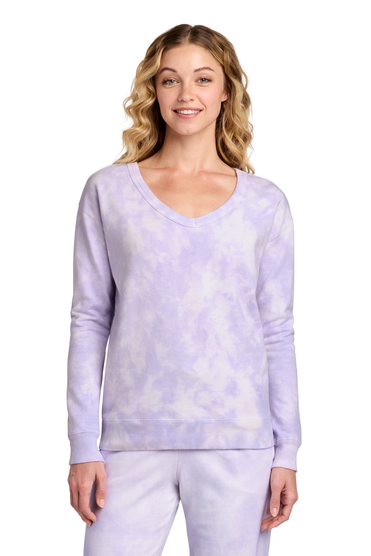 Port & Co Women's Beach Wash Cloud Tie-Dye V-Neck Sweatshirt LPC140V - Amethyst