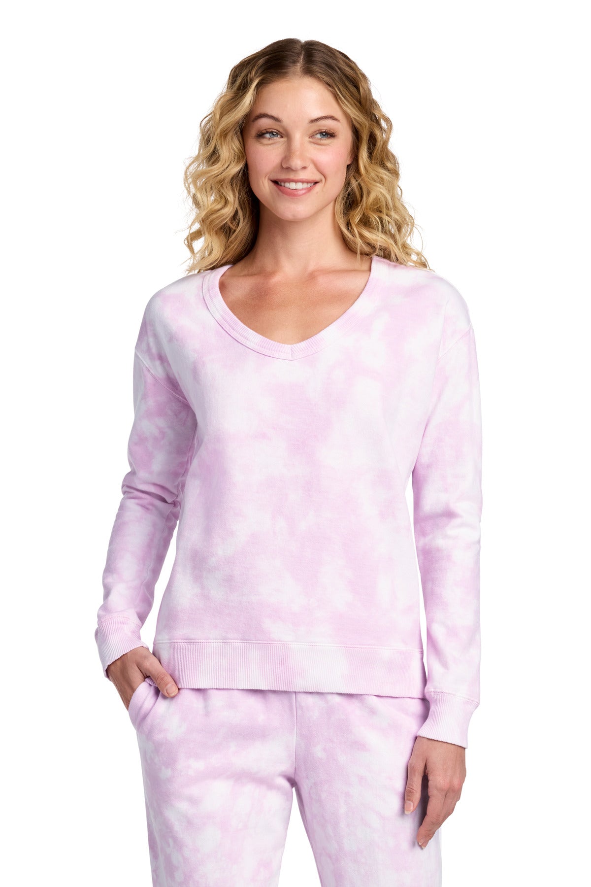 Port & Co Women's Beach Wash Cloud Tie-Dye V-Neck Sweatshirt LPC140V - Cerise Pink