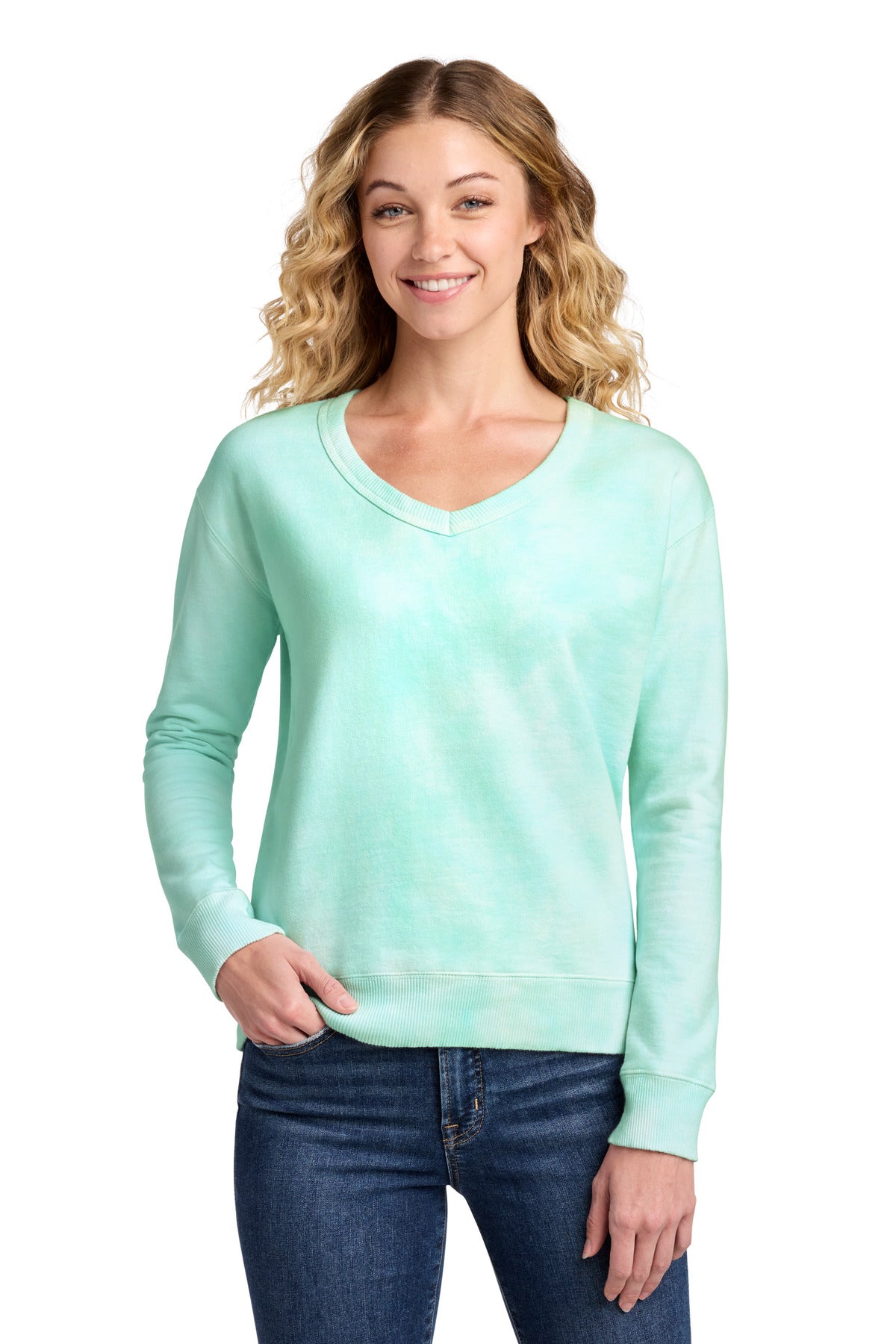 Port & Co Women's Beach Wash Cloud Tie-Dye V-Neck Sweatshirt LPC140V - Cool Mint