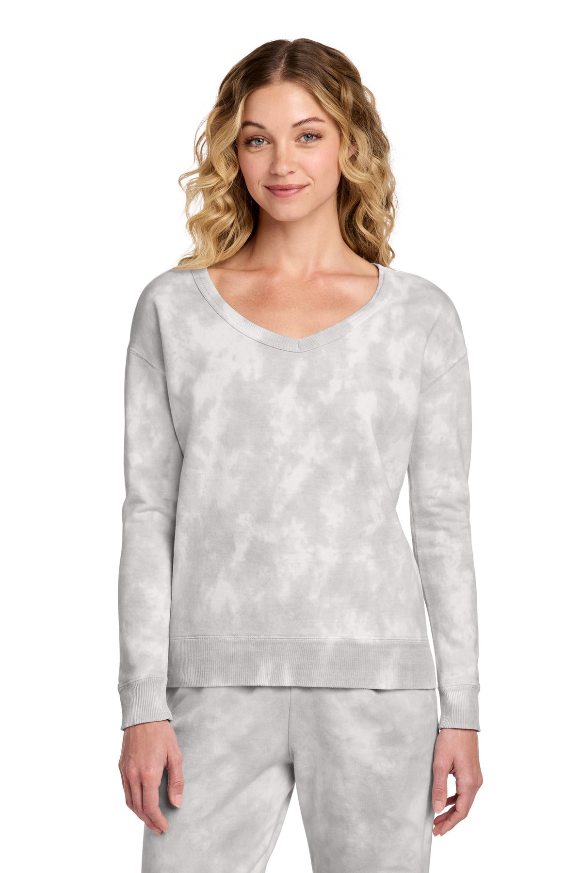 Port & Co Women's Beach Wash Cloud Tie-Dye V-Neck Sweatshirt LPC140V - Dove Grey