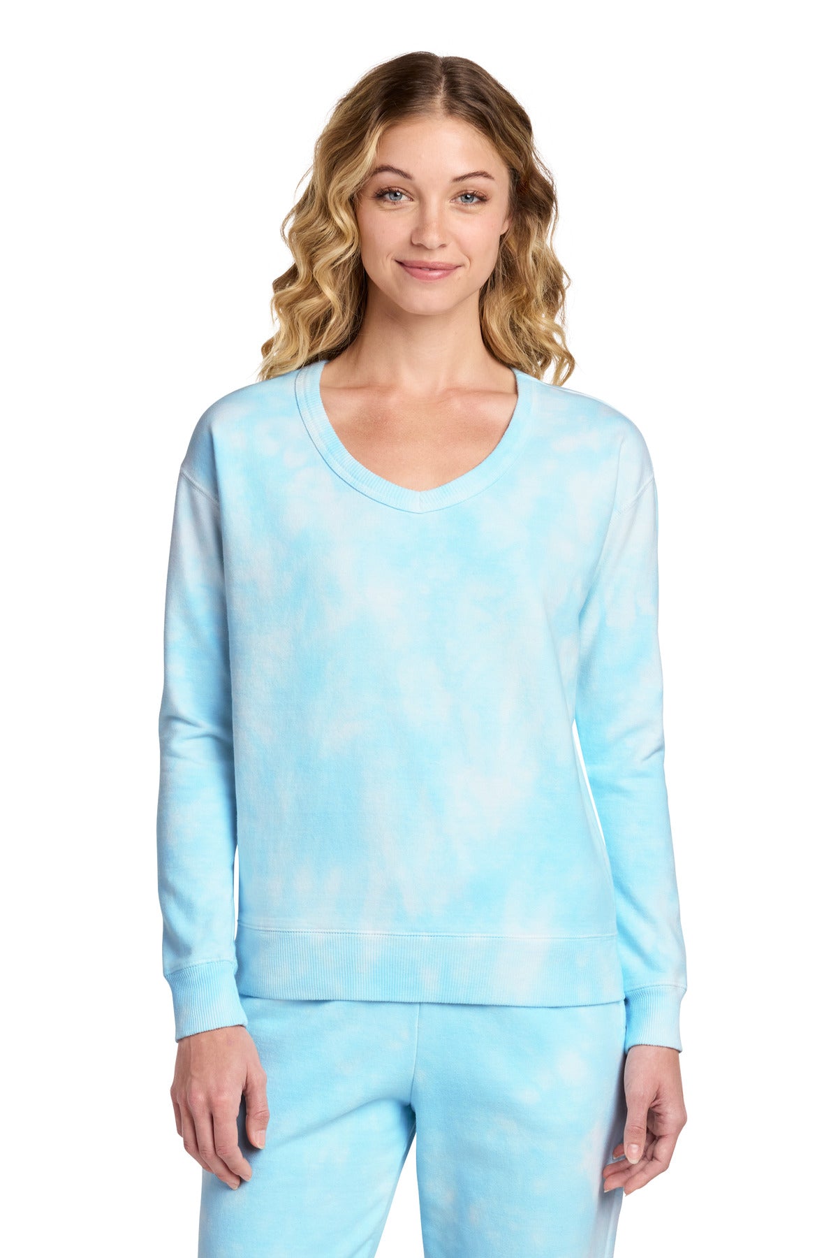 Port & Co Women's Beach Wash Cloud Tie-Dye V-Neck Sweatshirt LPC140V - Glacier