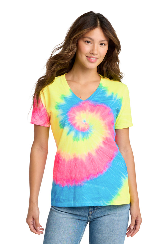 Port & Co Women's Tie-Dye V-Neck Tee.  LPC147V - Neon Rainbow