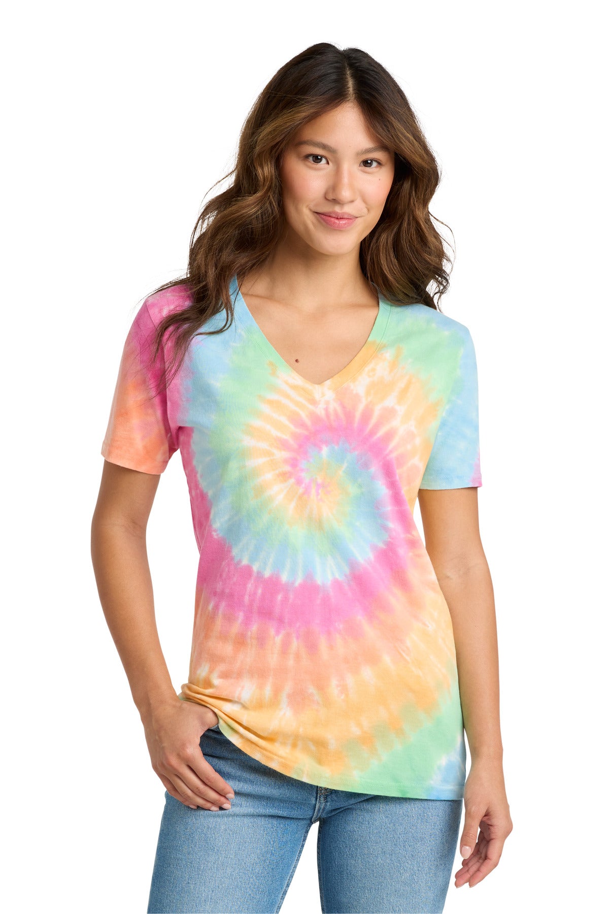 Port & Co Women's Tie-Dye V-Neck Tee.  LPC147V - Pastel Rainbow