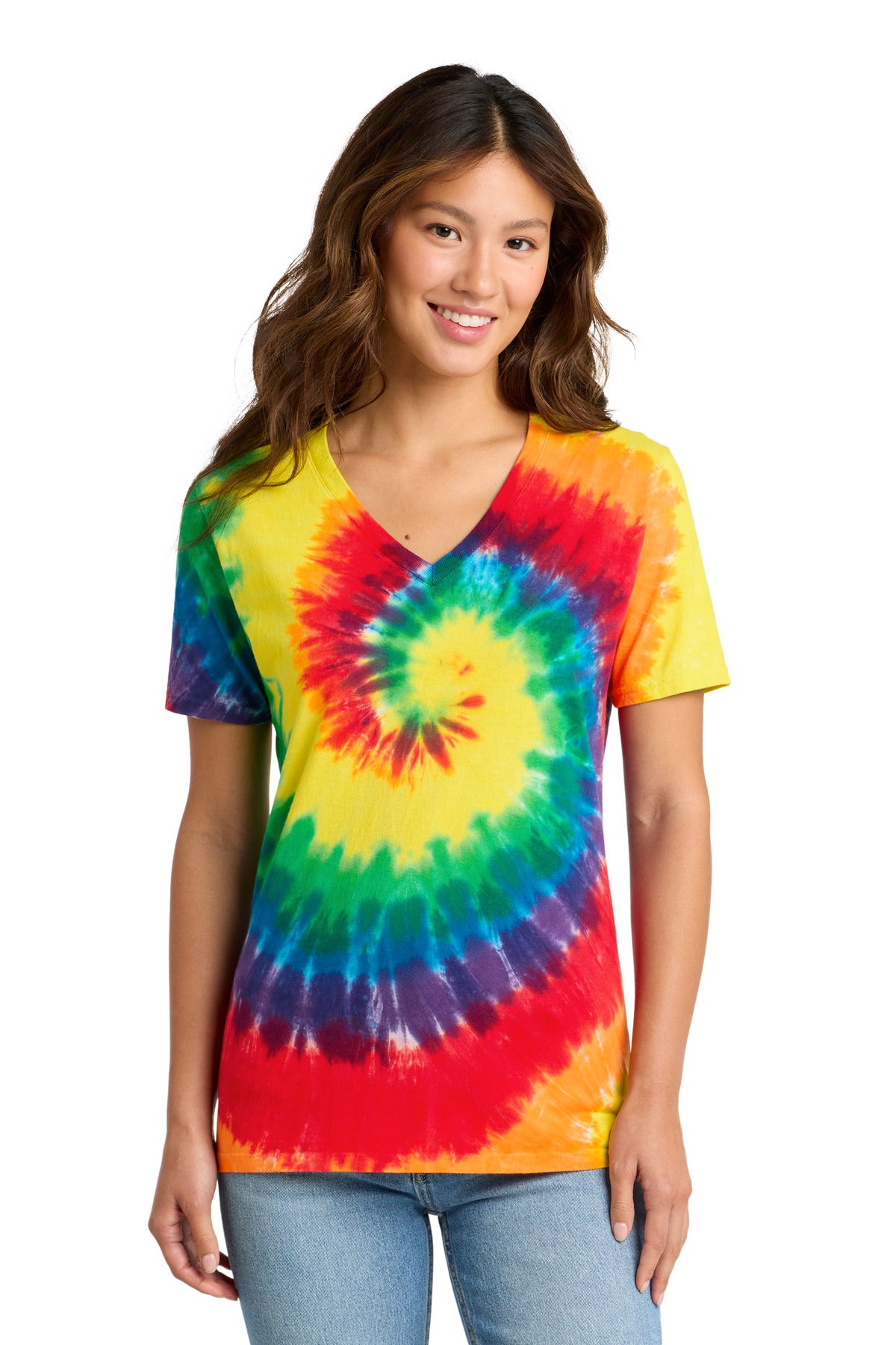 Port & Co Women's Tie-Dye V-Neck Tee.  LPC147V - Rainbow