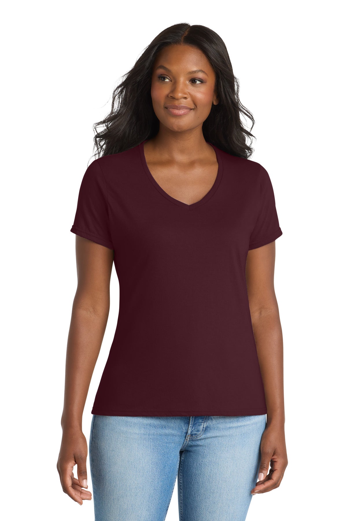 Port & Co Women's Performance Blend V-Neck Tee. LPC381V - Athletic Maroon