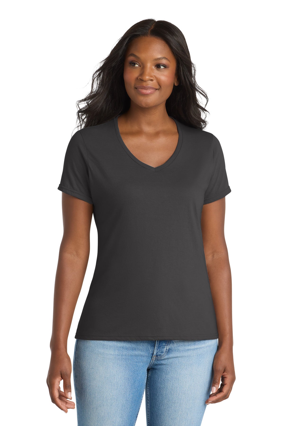 Port & Co Women's Performance Blend V-Neck Tee. LPC381V - Charcoal