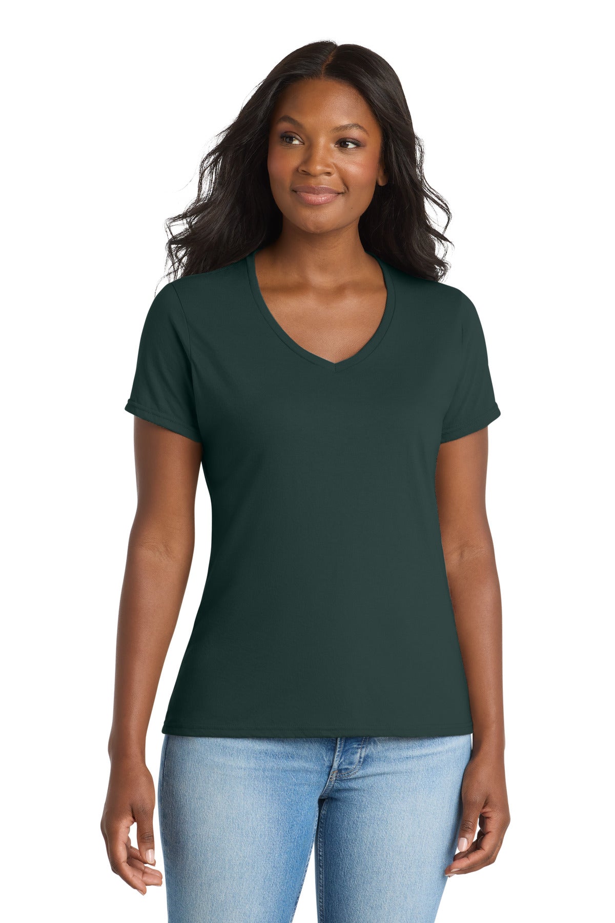 Port & Co Women's Performance Blend V-Neck Tee. LPC381V - Dark Green