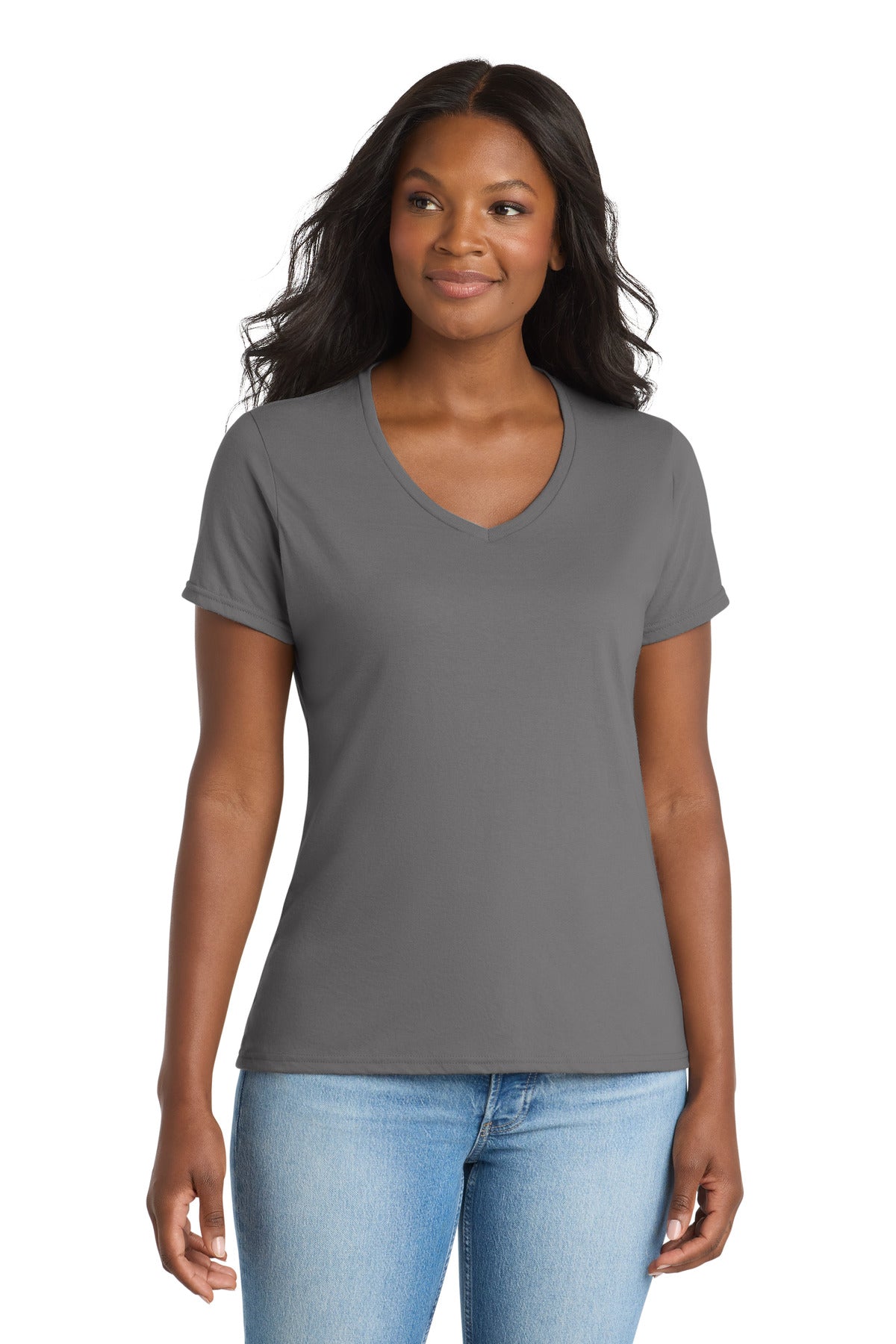 Port & Co Women's Performance Blend V-Neck Tee. LPC381V - Medium Grey