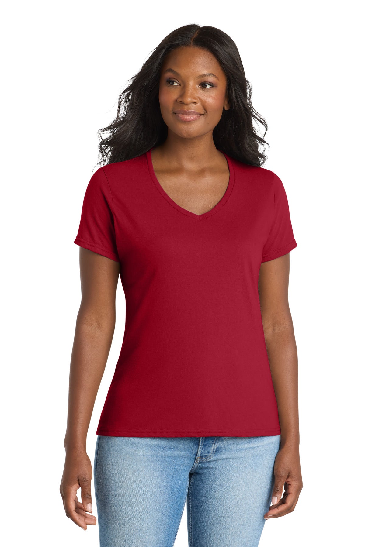 Port & Co Women's Performance Blend V-Neck Tee. LPC381V - Red