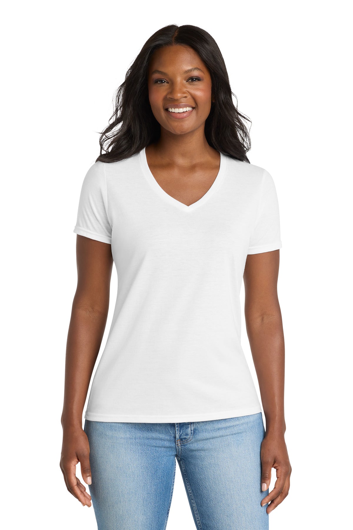 Port & Co Women's Performance Blend V-Neck Tee. LPC381V - White