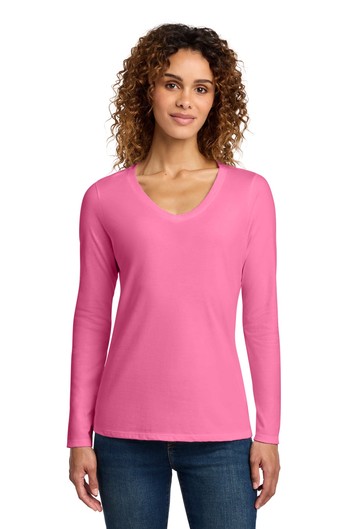 Port & Co Women's Long Sleeve Fan Favorite V-Neck Tee. LPC450VLS - New Pink