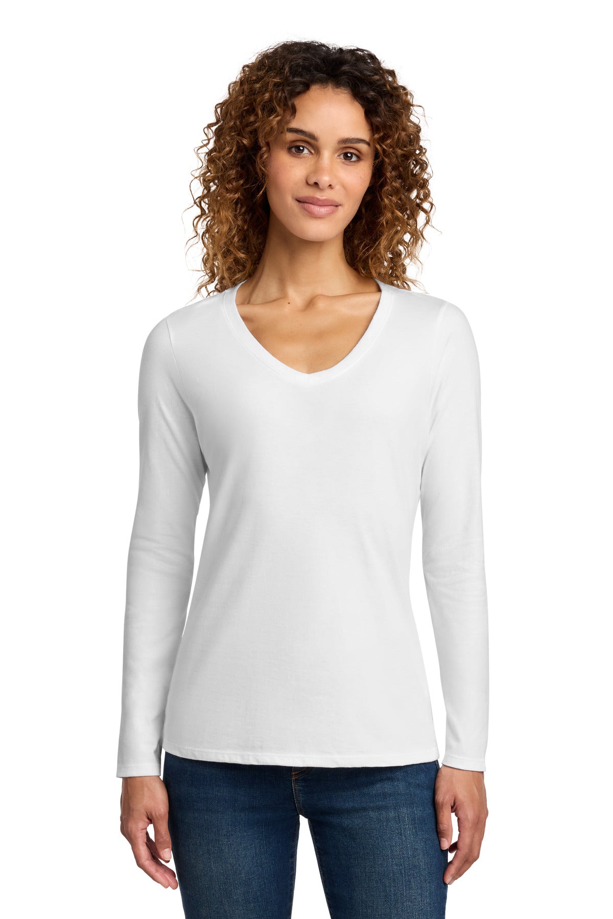 Port & Co Women's Long Sleeve Fan Favorite V-Neck Tee. LPC450VLS - White