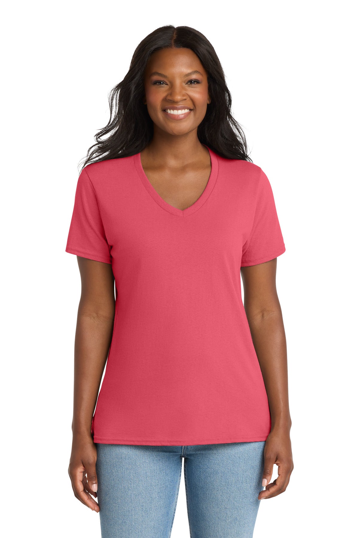 Port & Co Women's Core Cotton V-Neck Tee. LPC54V - Coral