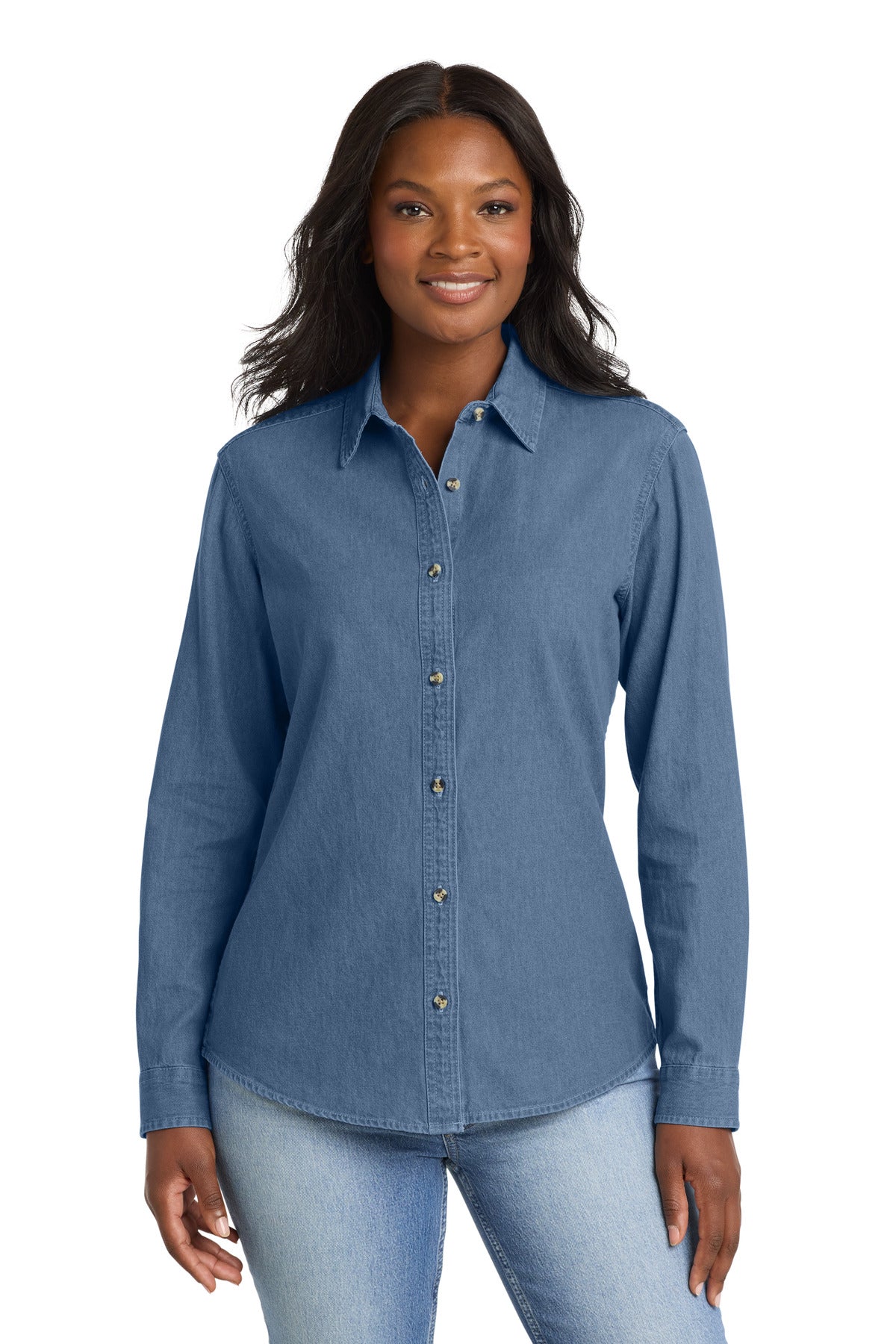 Port & Co Women's Long Sleeve Value Denim Shirt.  LSP10 - Faded Blue