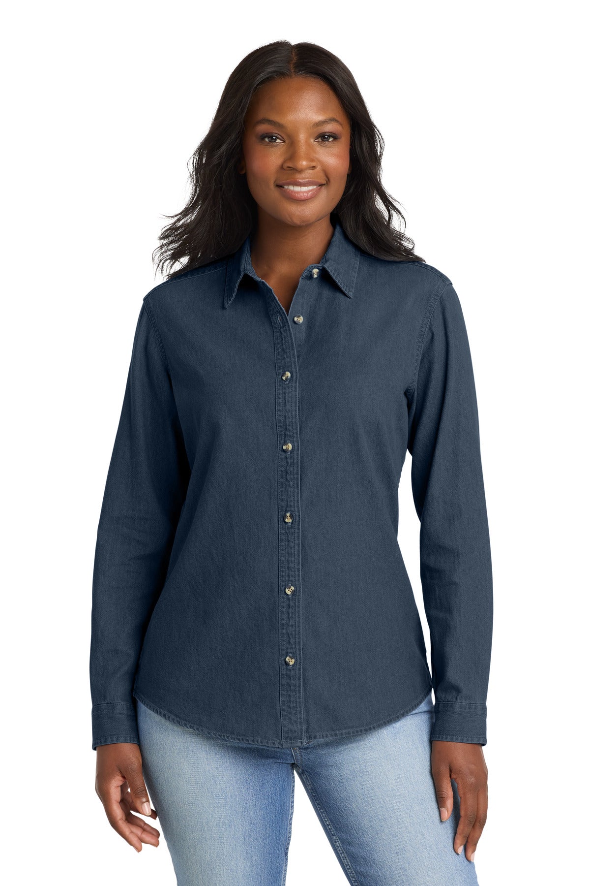 Port & Co Women's Long Sleeve Value Denim Shirt.  LSP10 - Ink Blue