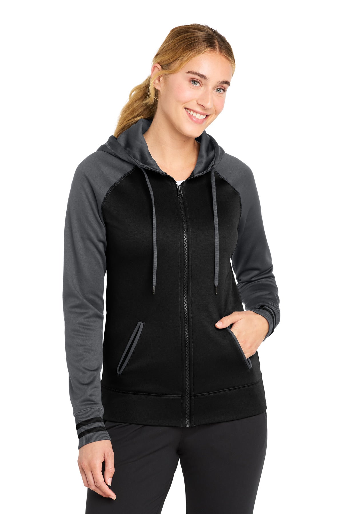 Sport-Tek Women's Sport-Wick Varsity Fleece Full-Zip Hooded Jacket. LST236 - Black/ Dark Smoke Grey