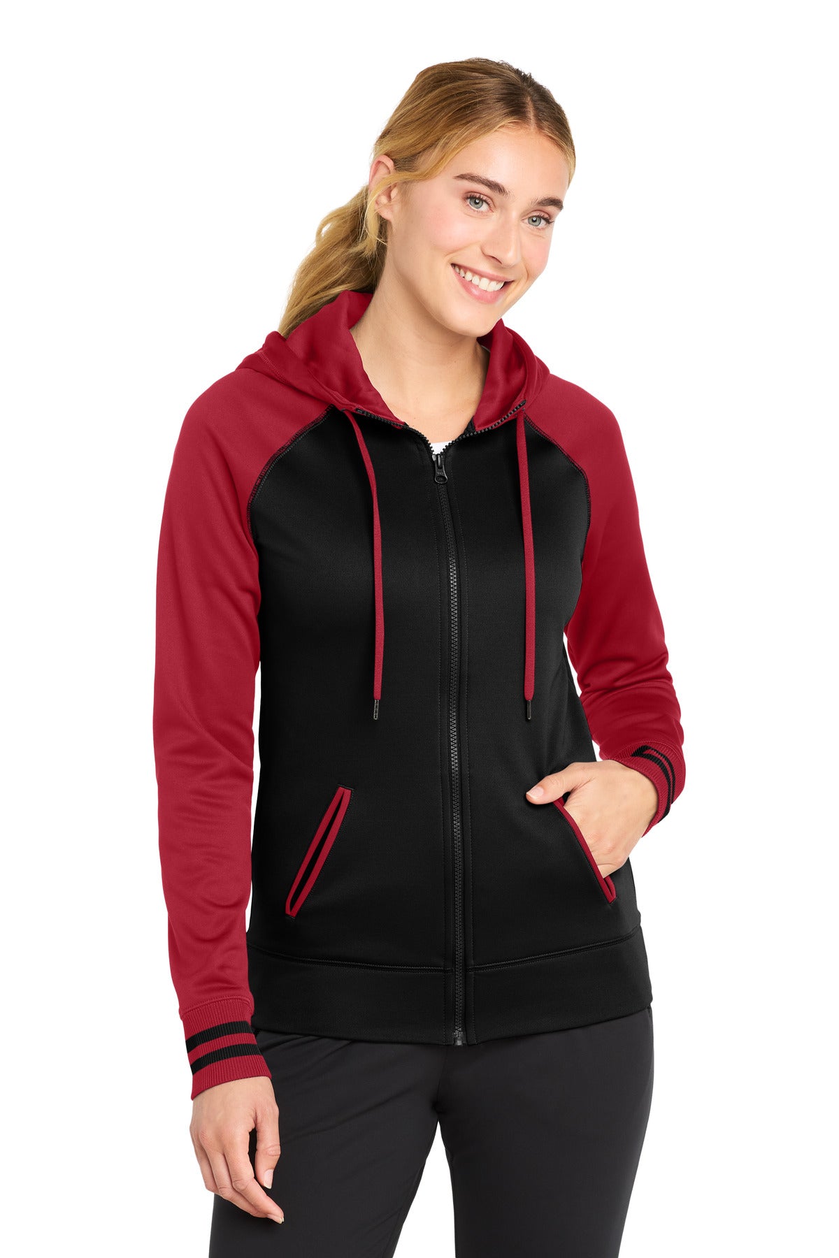Sport-Tek Women's Sport-Wick Varsity Fleece Full-Zip Hooded Jacket. LST236 - Black/ Deep Red