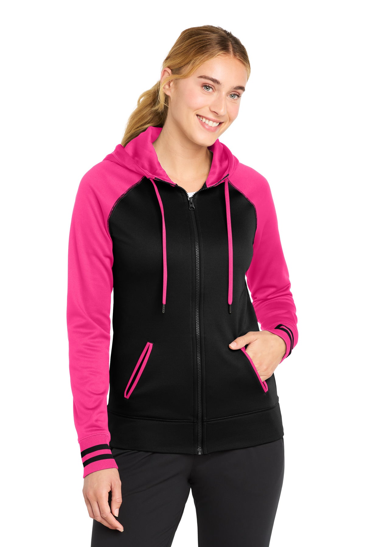 Sport-Tek Women's Sport-Wick Varsity Fleece Full-Zip Hooded Jacket. LST236 - Black/ Neon Pink